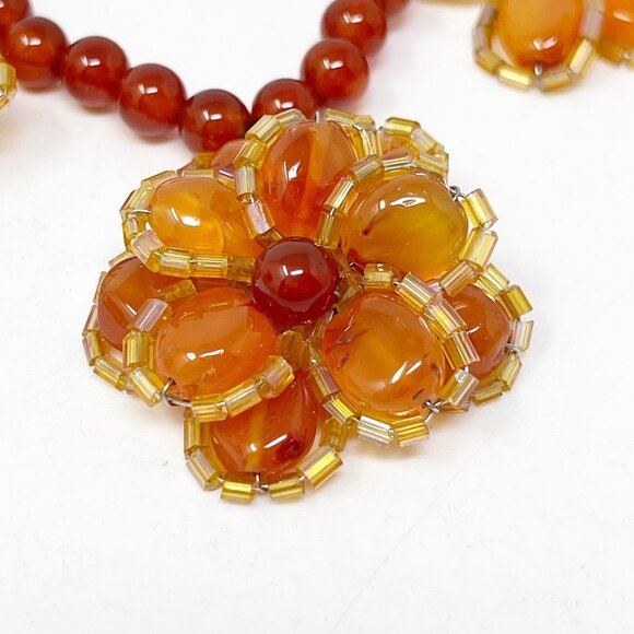 Floral Statement Necklace Boho Red Orange Carnelian Stone Chunky Bib Style - Picture 7 of 12